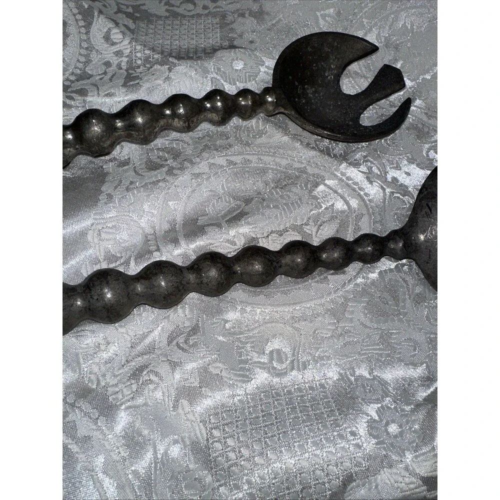 Pewter Metal Silver Tone Salad Servers Silverware Bubble Bead Curved Handles